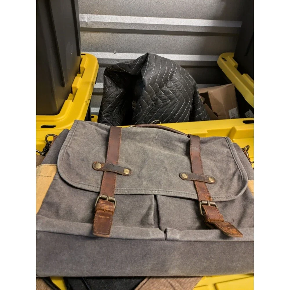 Messenger Bag Gray Canvas Brown Leather Satchel Cross Body Shoulder